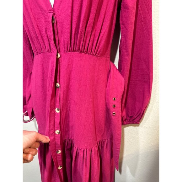 Free People S Kendra belted button front long sleeve Midi Dress in Pink - Picture 5 of 15